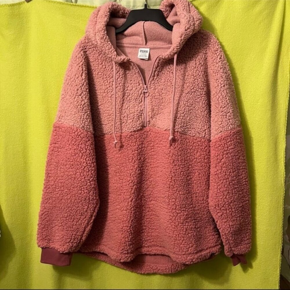 Victoria's Secret PINK Sherpa Hoodie Half Zip L Large Varsity Damsel Cozy VS